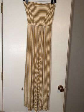 American Eagle Mustard and White Strapless Wide-Leg Jumpsuit